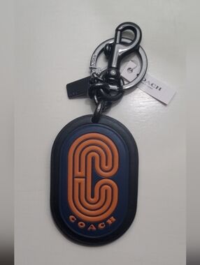 Coach Navy, Orange. & Black Leather Logo Key Fob with Gunmetal Hardware
